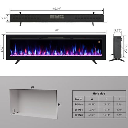 70" Electric Fireplace, Recessed, Wall Mounted and Freestanding Fireplace Heater, Adjustable Flame Color, Speed & Brightness, Thermostat, 9H Timer, Child Lock - size: 70"