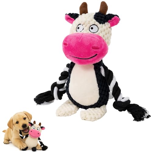 Dog Toy with Rope Arms Dairy Cow, Squeaky Interactive Pet Toy, Purple, for Small & Medium Dogs - color: White & Pink