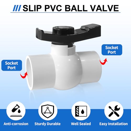 1 inch PVC Ball Valve, 2pcs Slip PVC Shut Off Water Valves with Double Socket Full Flow Port, Schedule 40 Plastic Control Valve, Using for Commercial、Swimming Pool, Irrigation System - size: 1 Inch