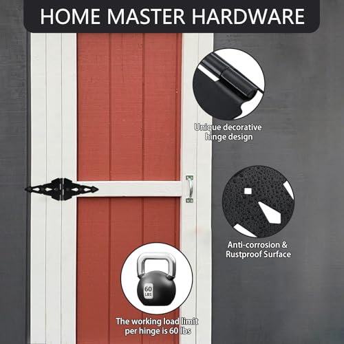 HOME MASTER HARDWARE Wood Gate Hardware Set - Heavy Duty 8" Decorative Strap Hinges and Spring Loaded Latch Kit with Screws for Outdoor Fence Swing Gate Black Finish