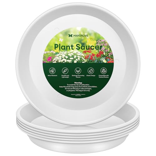 Maygrove 6 Pack Plant Saucer, 8 10 12 inch Plant Saucers for indoor, Heavy Duty Plastic Plant trays for pots, Grow Bags, Bird Baths, Flower Drip Trays for Indoor and Outdoor Uses (12", White) - color: White, size: 12"(6 pack)