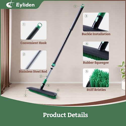 Eyliden Floor Scrub Brush, 15-inch Wide, 55" Long Handle Deck Brush | 2-in-1 Stiff Bristles and Rubber Squeegee, 45° Angle Head, Telescoping Handle, for Bathroom Shower Kitchen Patio Garage