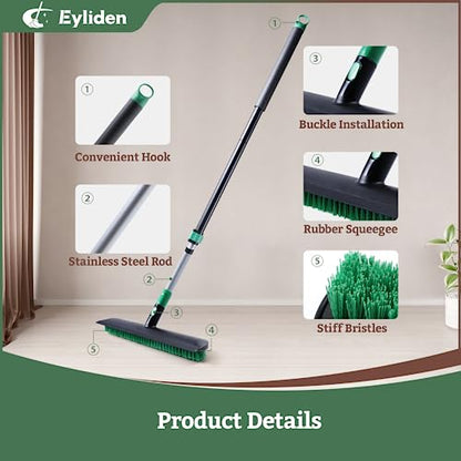 Eyliden Floor Scrub Brush, 15-inch Wide, 55" Long Handle Deck Brush | 2-in-1 Stiff Bristles and Rubber Squeegee, 45° Angle Head, Telescoping Handle, for Bathroom Shower Kitchen Patio Garage