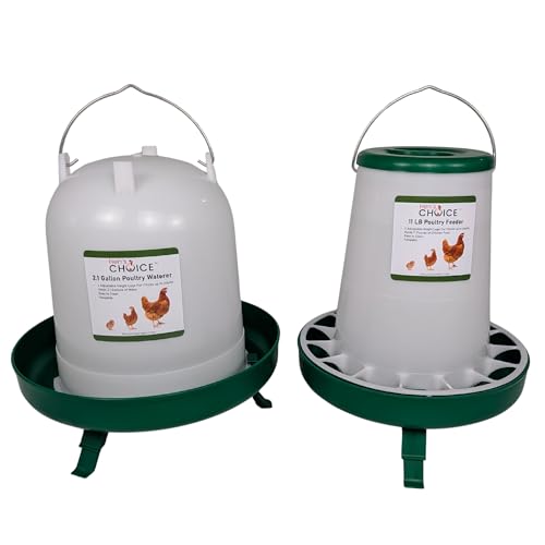 Hen's Choice Chicken Feeder and Waterer Set, 11 lb Feed Capacity, 2.1 Gallon Water Capacity, Adjustable Height (Green) - color: Green