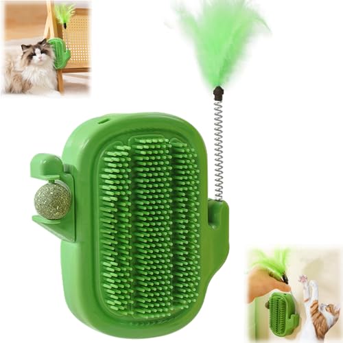 3 in 1 Cat Self Groomer Brush, Cactus Style Wall Corner Massage Comb Scratcher with Feather Toys & Catnip Ball for Indoor Cats, Pet Tickling Artifact, Cat Face Scratchers for Fur Pets - color: Green