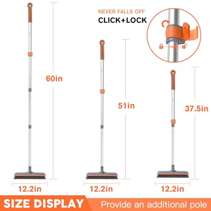 Eazer 2-in-1 Floor Scrub Brush with Long Handle, Soft/Hard Bristle Concrete Deck Brush with Squeegee, Garage Floor Cleaner for Tile/Concrete, Indoor/Outdoor Kitchen Bathroom Pool Deck -12" W/60 H