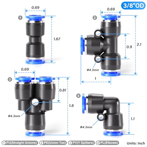 TAILONZ PNEUMATIC 3/8 inch od Push to Connect Fittings Pneumatic Fittings kit 5 Spliters+5 Elbows+5 tee+5 Straight (20 pcs) - color: Blue, size: 3/8"OD/20PCS