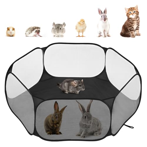 Pawaboo Small Animals Playpen, Waterproof Small Pet Cage Tent with Strong Steel Wire Frame, Portable Outdoor Yard Fence for Chick/Kitten/Puppy/Guinea Pig/Rabbits/Hamster/Chinchillas, Black - color: Black
