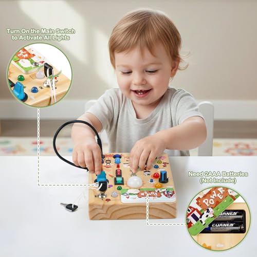 Sanlebi LED Busy Board for Toddlers 1-3,Montessori Toy with Key Switch, Light Up Wood Activity Sensory Board for Fine Motor Skills, Educational Travel Toy Gift for 1 2 3 Year Old Boys Girl