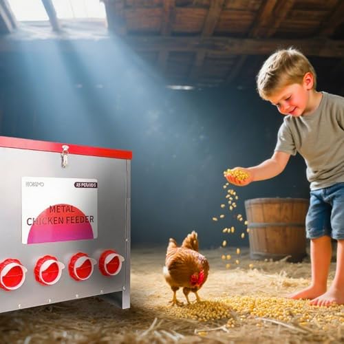 85 lb Automatic Poultry Feeder, 10-Port Feed Box for Chickens | Metal build, Locking lid, Weatherproof design, Rodent-resistant storage, Ducks, Geese, Turkeys, Backyard coop, Farm use