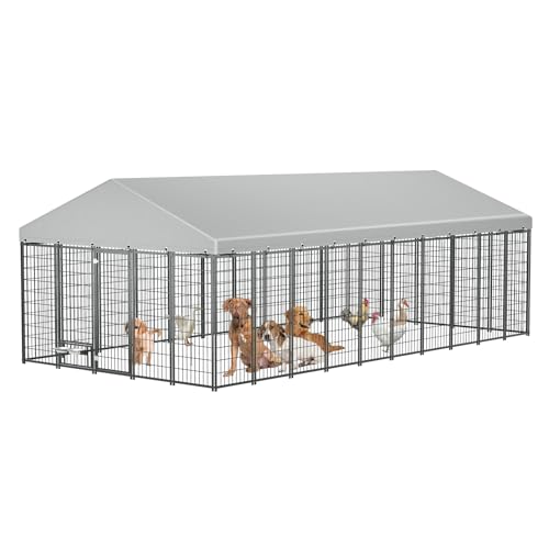 Large Dog Kennel Outdoor with Waterproof Roof Cover 18.9'L X 9.6'W X 6.76'H Metal Dog Run Enclosure Pet Pen Fence with 2 Rotatable Feeders Outside Dog House for Yard Chicken Coop Animals Ventilated