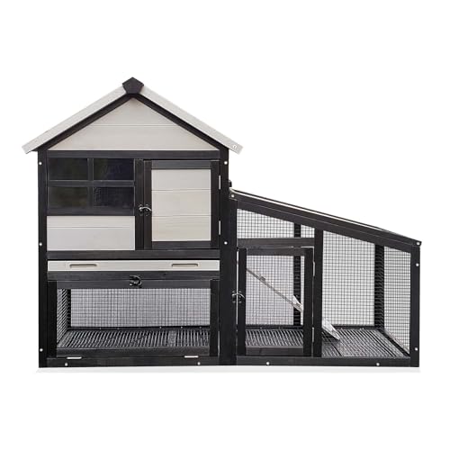 Chicken coop and activity area, dual-level rabbit cage for indoor/outdoor use, accommodates 2-3 chickens. Includes ramp and leak-proof deep-draw tray. Suitable for chicks and rabbits (black). - size: 53.5"L x 23.6"W x 38.2"H