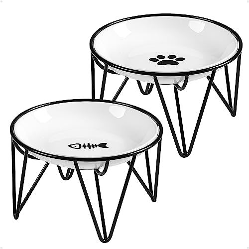 Ceramic Cat Bowls, 2 Pack - Raised, Whisker Friendly, Anti-Vomiting Cat Food Plates - Hygienic, Secure Material, Elegant Stand, 10 oz, for Indoor Cats & Kittens - color: fishbone+cat paw, size: raised dish,2 pack
