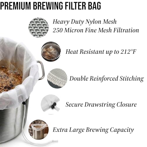 5 Pack BIAB Brewing Bag, 26" x 22", 250 Micron Reusable Fine Mesh Brew Bags with Reinforced Stitching & Drawstring, Heavy Duty Nylon Straining Bag for All Grain Home Brewing & Beer Wine Cider - size: 5Pack 26" X 22"