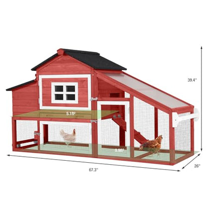 Chicken Coop with Wheels,Outdoor Hen House with Waterproof Asphalt Roof, Wooden Poultry Enclosure with Easy-Clean Slide-Out Tray,Poultry Cage with Nesting Boxes for Duck Rabbit Chicken