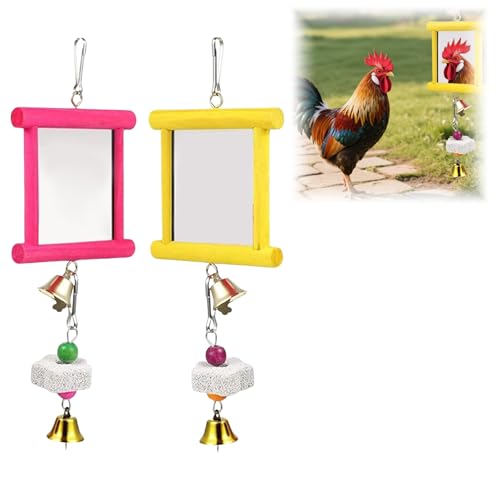2 Pieces Chicken Mirror Toys Hanging Swing Mirror with Bell Wooden Pecking Toy and Beak Grinding Molar Stones for Roosters Hens Birds Parrots, Poultry Boredom Relief Accessories (2 pcs) - color: 2 pcs