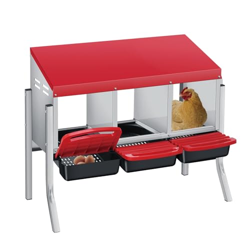 Chicken Nesting Boxes with Cleanable Pull-Out Trays - 3 Hole Metal Rollaway Nest Box for Laying Hens, Wall Mount or Placed Design for Easy Egg Collection & Cleaning - color: Red, size: 3 holes with legs
