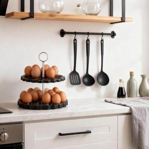 Acacia Wooden Double Layer Egg Holder for 32 Fresh Eggs, Modern Countertop Egg Storage Rack, Fits Chicken, Duck, Turkey Eggs - color: black