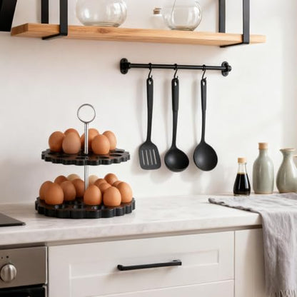 Acacia Wooden Double Layer Egg Holder for 32 Fresh Eggs, Modern Countertop Egg Storage Rack, Fits Chicken, Duck, Turkey Eggs - color: black