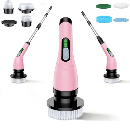 Electric Spin Scrubber - Cordless Bathroom Scrubber with 7 Brush Heads | Dual Speed IPX7 Waterproof Power Scrubber for Heavy-Duty Bathtub, Glass, Tile, and Car Cleaning - color: Pink