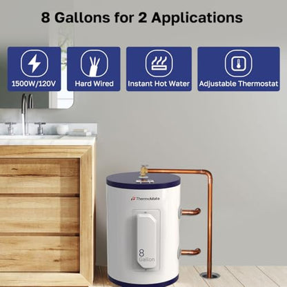 ThermoMate Tank Water Heater Electric, 8 Gallon Small Point of Use Residential Hot Water Heater, 1500W 120Volt Compact, Adjustable Thermostat, UL Listed (ES900) - style: 8 Gallons