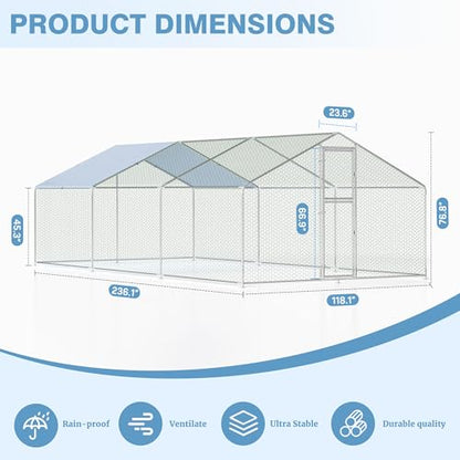 Polar Aurora Metal Chicken Coop, Large Outdoor Chicken Pen, Walk-in Chicken Run for 6-20 Chickens, Double Door Chicken House with Waterproof UV Protection Cover for Backyard (Spire-L) - size: 236.0"L x 118.0"W x 76.8"H