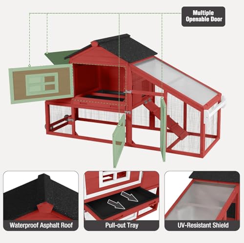 Chicken Coop with Wheels, Mobile Outdoor Chicken House with Leakproof Pull-on Tray, Nesting Box, Waterproof Roof - Red - color: Red