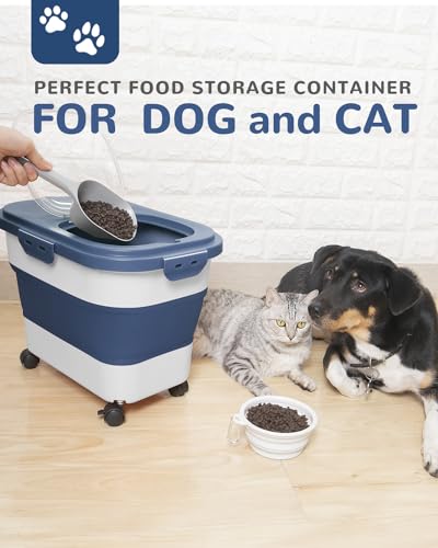 20-23 Lbs Dog Food Storage Container - Collapsible Dog Food Container with Wheels Airtight Lids, Scoop and Small Container, Pet Food Storage Dry Food For Dog, Cats and Other Pet (Blue) | Dog Food Container with Double Airtight Seal & Magnetic Lid,Cat Food