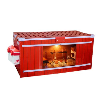 RentACoop Big Red Barn Chick Brooder Set with Heating Plate and Anti-Roost Cone, Two Chick Feeders, Two Chick Drinkers, Swing, Hatchling Liners, Jute Liner, LED Light, Security Latch