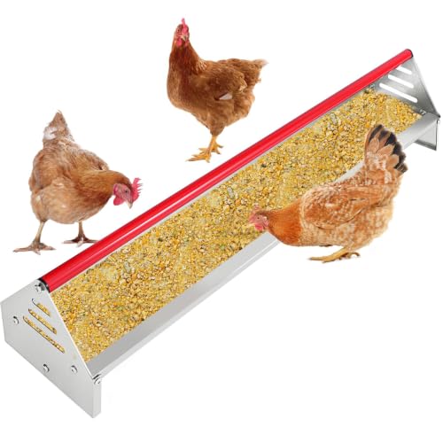 Chicken Feeding Trough, Heavy Duty Galvanized Steel Feeder with Drainage Holes & Crossbar, 45in Poultry Feeder Trough for Chicken, Duck, Geese, Turkey, Rabbit and Pigeon