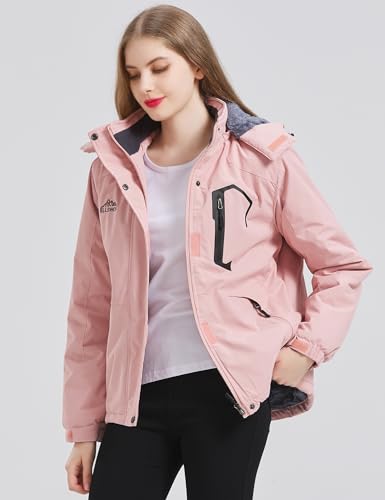 ELLSWOS Womens Winter Coats Waterproof Ski Jacket Warm Snow Jackets Windproof Windbreaker Hooded Raincoat - color: Pink, size: Small