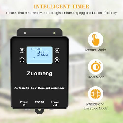Automatic LED Daylight Extender, Zuomeng Chicken Coop Light with Intelligent Programmable Timer, IP65 Waterproof, Boosts Light for Hens, Enhances Egg Production