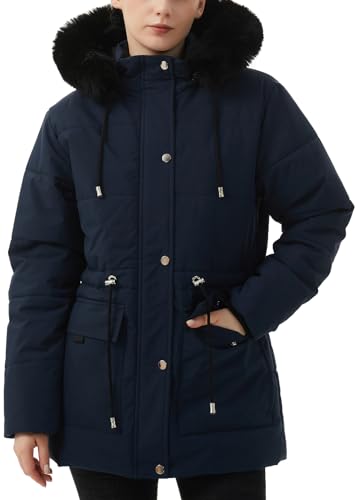 MOERDENG Women's Warm Winter Puffer Coat Thicken Fleece Lined Down Jacket Faux Fur Detachable Hood Snow Parka - color: Navy, size: X-Large
