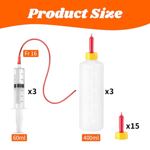 24 Pcs Lamb and Goat Kid Feeding Kit Including 3 Pcs 400ml Lamb Feeding Bottles 15 Pcs Goat Nipples 6 Pcs Feeding Tube Kit 60 ml Syringe and 16 FR Tube for Puppies Goat Feeding Baby Goats