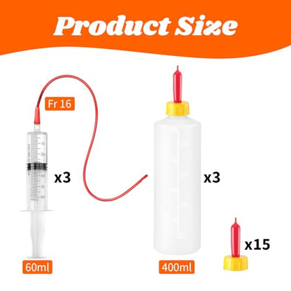 24 Pcs Lamb and Goat Kid Feeding Kit Including 3 Pcs 400ml Lamb Feeding Bottles 15 Pcs Goat Nipples 6 Pcs Feeding Tube Kit 60 ml Syringe and 16 FR Tube for Puppies Goat Feeding Baby Goats
