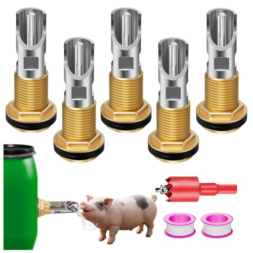 Automatic Pig Waterer Nipple System Stainless Steel for Barrel Kit Complete Set with Hog Water Nipples and Brass Tank Connectors for Sows Piglets Goats Brass 5pcs - color: Brass, size: 5pcs