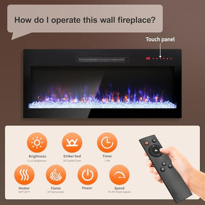 36" Electric Fireplace, Wall Fireplace Electric with Remote Control, 16 Adjustable Flame Colors, Freestanding/Wall Mounted/Recessed, 1400W Fireplace Insert Heater, Timer, Thermostat - size: 36 Inch Standard