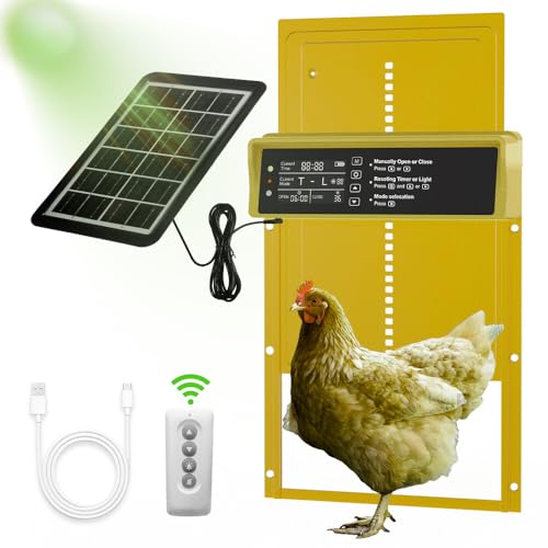 Automatic Chicken Coop Door Solar Powered, LCD Display, Durable Aluminum Alloy Chicken Door with Timer & Light Sensor Setting, Remote Control, Weatherproof, Energy-Saving, Solar Panel or USB Charging