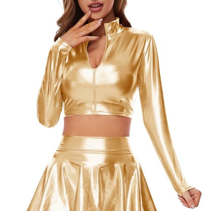 Kepblom Women's Metallic Crop Top Long Sleeve Mock Neck Turtleneck Holographic Zip Up Blouses - color: Gold, size: Small