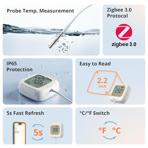 SONOFF SNZB-02LD Zigbee Waterproof Temperature Sensor with 1.5M Stainless Steel Probe, LCD Display, -40~115°C Range, APP Monitoring, Magnetic Mount, Works with Zigbee Hub