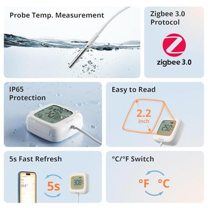 SONOFF SNZB-02LD Zigbee Waterproof Temperature Sensor with 1.5M Stainless Steel Probe, LCD Display, -40~115°C Range, APP Monitoring, Magnetic Mount, Works with Zigbee Hub