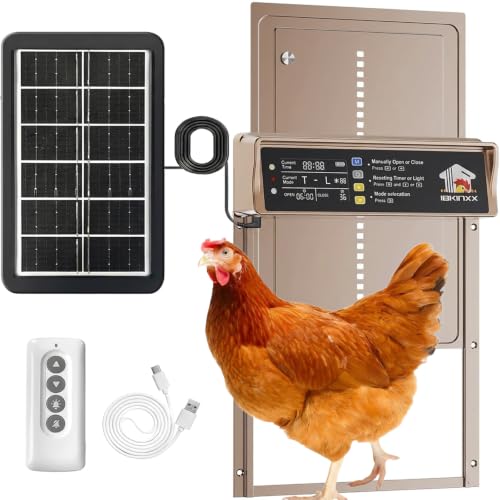 Automatic Chicken Coop Door Solar Powered, LCD Display with Timer & Light Sensor, 4 Modes Anti-Pinch & Weather Proof with Remote Control, for Chickens, Ducks, Geese, Rabbits，Golden Brown Chicken Door - color: Golden Brown
