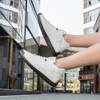 Womens Hand Stitching Leather Slip-On Ankle Boots with Adjustable Elastic Band Casual Lightweight Non-Slip Walking Loafers Retro High Top Flat Boat Shoes - color: White, size: 12 Wide