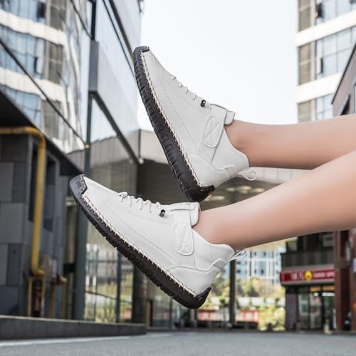 Womens Hand Stitching Leather Slip-On Ankle Boots with Adjustable Elastic Band Casual Lightweight Non-Slip Walking Loafers Retro High Top Flat Boat Shoes - color: White, size: 6 Wide