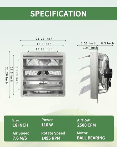 18 Inch Shutter Exhaust Fan, Vent Fan with Power Cord Wall-Mount, High Speed 1520CFM for Garages, Attic, Shops, Greenhouse - size: 18 IN