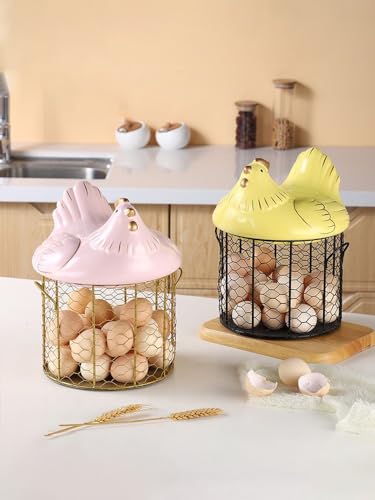 NFNSIG Chicken Egg Basket, Chicken Egg Holder, Black Wire Chicken Egg Collection Baskets with Ceramic Lid and Handle for Gathering Fresh Eggs, Farmhouse Style Egg Storage Container for Kitchen(White) - color: White