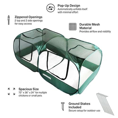 Portable Chicken Coop - Small Animal Playpen and Pop Up Chicken Coop Run - Transparent Breathable Mesh Net and Foldable - Complete with Collapsible Food/Water Bowl
