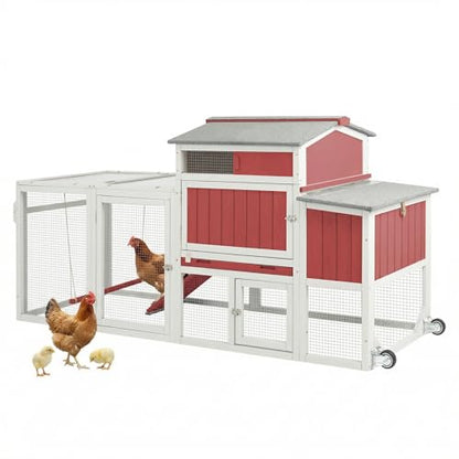 78" Wooden Chicken Coop with Nesting Box, Poultry Cage with Wheel Leak Proof Pull-on Tray and Asphalt Waterproof Roof, Hen House for Garden Backyard Farm - color: Red, size: 25.6"L x 39.4"W x 77.4"H