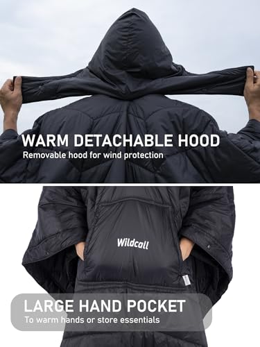 WildCall Hooded Camping Blanket with 3M Thinsulate Insulation Wearable Poncho Blanket Ultralight Foldable Quilt Sleeping Bag for Outdoor, Hiking, Stadium - color: Black