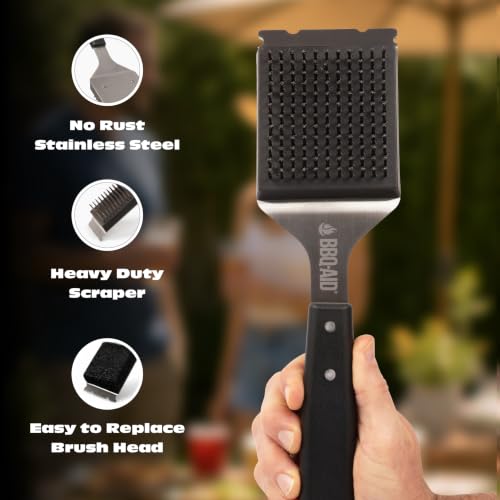 Grill Brush for Outdoor BBQ Grill Cleaning Scraper, Replaceable Head, Black | Barbecue grill cleaning brush with no-scratch stainless steel bristles and extended black handle, safe for any grill grate - color: Black